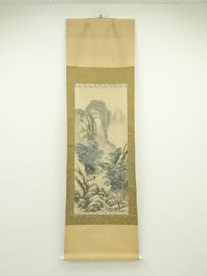 中国　春幽筆　彩色山水　肉筆絹本掛軸